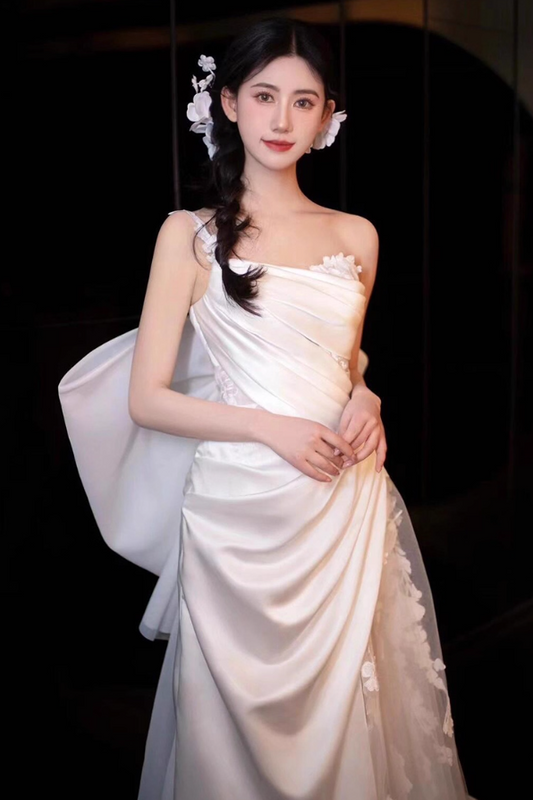 Elegant Big Bow Strapless Birthday Outfit Maxi Dress Draped One Shoulder Applique Tulle Splicing Prom Dress AP0927