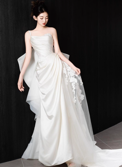 Elegant Big Bow Strapless Birthday Outfit Maxi Dress Draped One Shoulder Applique Tulle Splicing Prom Dress AP0927
