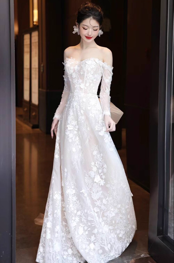 Alluring Sheer Lace Applique Sleeve Maxi Bridal Dress Strapless Mesh Bow-Knot Wedding Dress AP0929