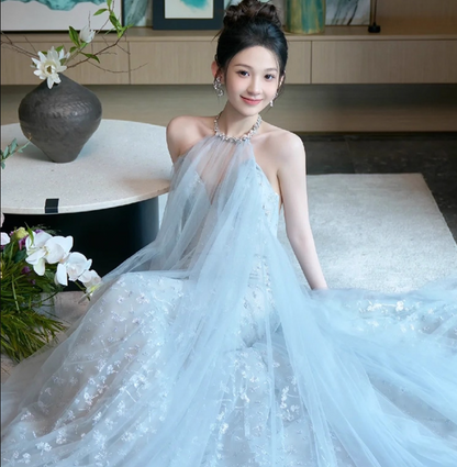 Cute Tulle Overlay Applique Lining Maxi Dress Sweet 15 Ethereal Halter Prom Dress AP0932