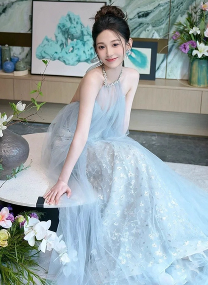 Cute Tulle Overlay Applique Lining Maxi Dress Sweet 15 Ethereal Halter Prom Dress AP0932