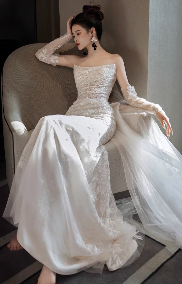 Glamorous Strapless Applique Tulle Splicing Maxi Dress  Beading Sheath Wedding Dress AP0934