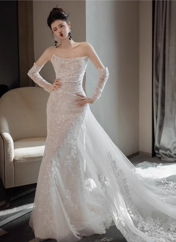 Glamorous Strapless Applique Tulle Splicing Maxi Dress  Beading Sheath Wedding Dress AP0934