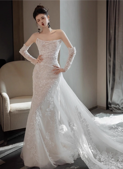 Glamorous Strapless Applique Tulle Splicing Maxi Dress  Beading Sheath Wedding Dress AP0934