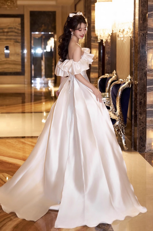 French Style Off-Shoulder Ruffles Trimmed Maxi Dress Lustrous Satin Fabric Strapless Wedding Dress AP0935