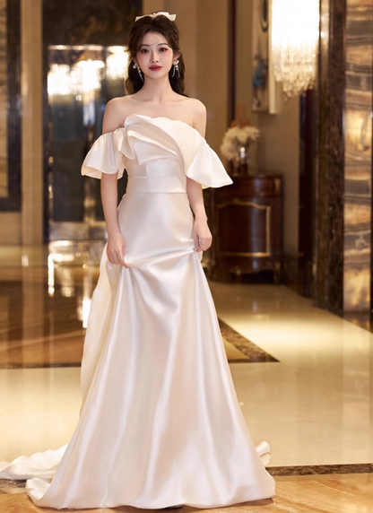 French Style Off-Shoulder Ruffles Trimmed Maxi Dress Lustrous Satin Fabric Strapless Wedding Dress AP0935