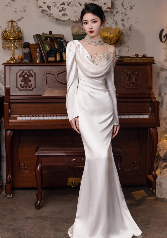 Vintage Asymmetric Neck Sheer Applique Mesh Splicing Satin Drape Hem Long Sleeve Prom Dress AP0936