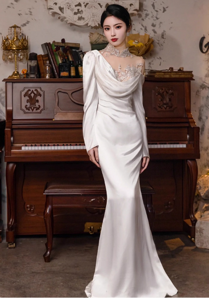 Vintage Asymmetric Neck Sheer Applique Mesh Splicing Satin Drape Hem Long Sleeve Prom Dress AP0936