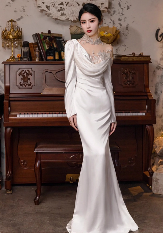 Vintage Asymmetric Neck Sheer Applique Mesh Splicing Satin Drape Hem Long Sleeve Prom Dress AP0936