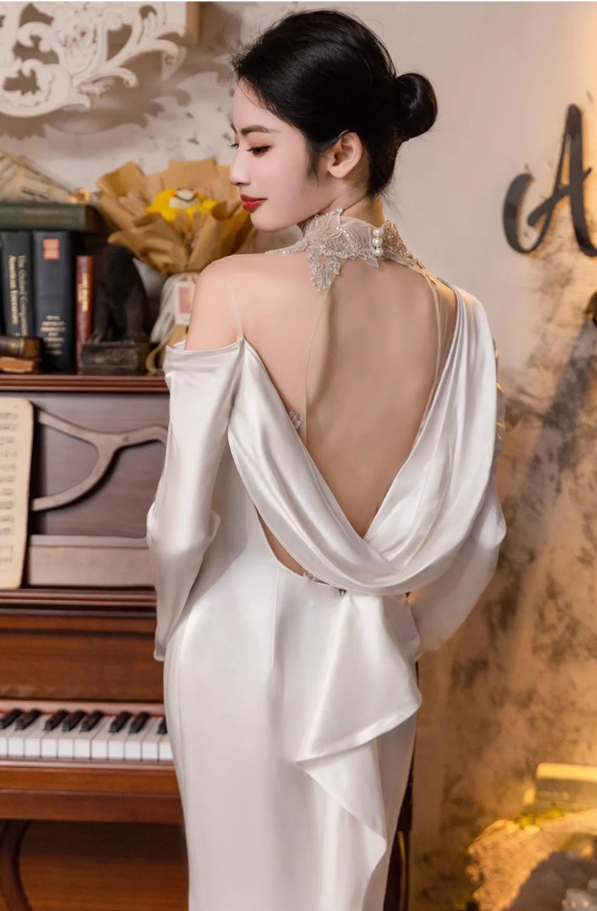 Vintage Asymmetric Neck Sheer Applique Mesh Splicing Satin Drape Hem Long Sleeve Prom Dress AP0936