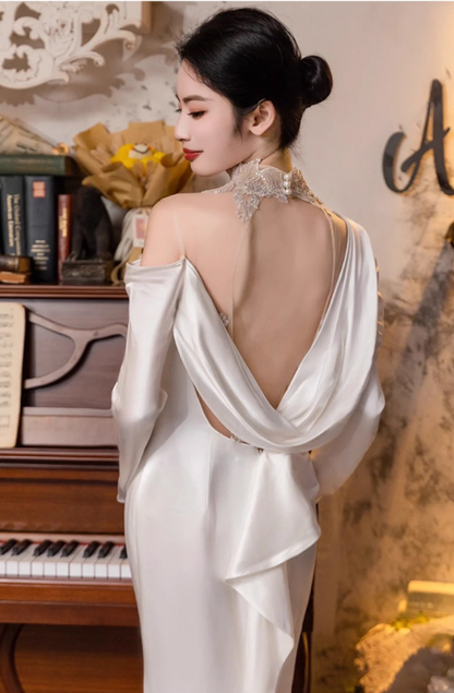 Vintage Asymmetric Neck Sheer Applique Mesh Splicing Satin Drape Hem Long Sleeve Prom Dress AP0936