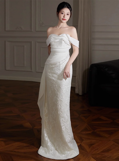 Niche Off-Shoulder Waist Chain Sheath Maxi Dress Beaded Textured Applique Wedding Dress AP0937