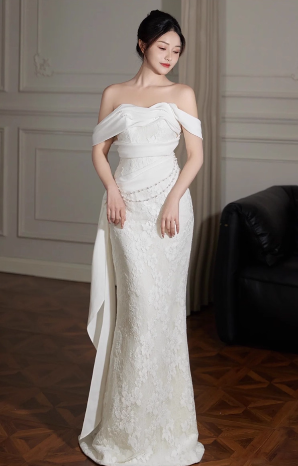 Niche Off-Shoulder Waist Chain Sheath Maxi Dress Beaded Textured Applique Wedding Dress AP0937
