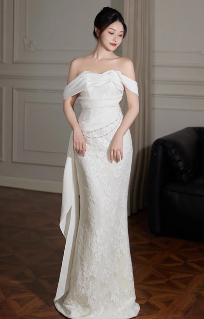 Niche Off-Shoulder Waist Chain Sheath Maxi Dress Beaded Textured Applique Wedding Dress AP0937