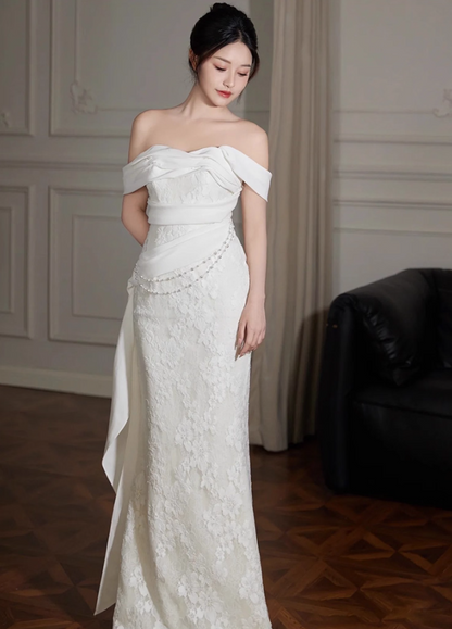 Niche Off-Shoulder Waist Chain Sheath Maxi Dress Beaded Textured Applique Wedding Dress AP0937