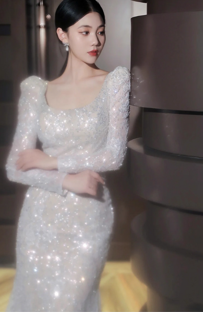 High Quality Sequins Gauze Sheer Evening Dress Cinched-Waist Sparkly Long Sleeve Prom Dress AP0938