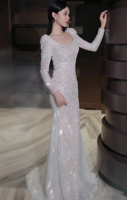 High Quality Sequins Gauze Sheer Evening Dress Cinched-Waist Sparkly Long Sleeve Prom Dress AP0938