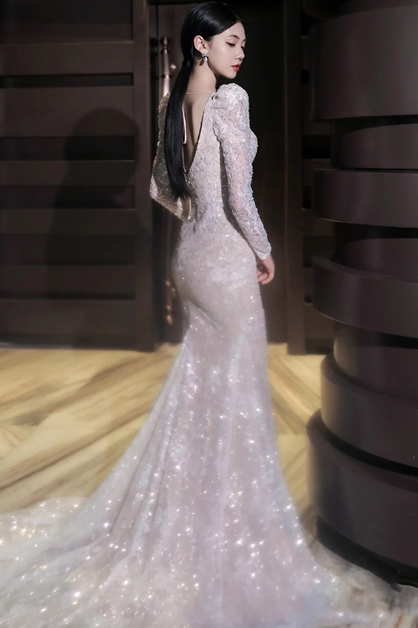 High Quality Sequins Gauze Sheer Evening Dress Cinched-Waist Sparkly Long Sleeve Prom Dress AP0938