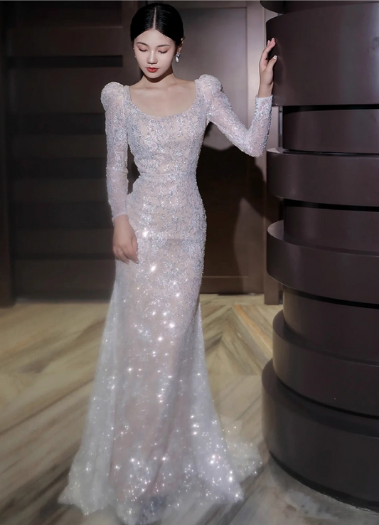 High Quality Sequins Gauze Sheer Evening Dress Cinched-Waist Sparkly Long Sleeve Prom Dress AP0938