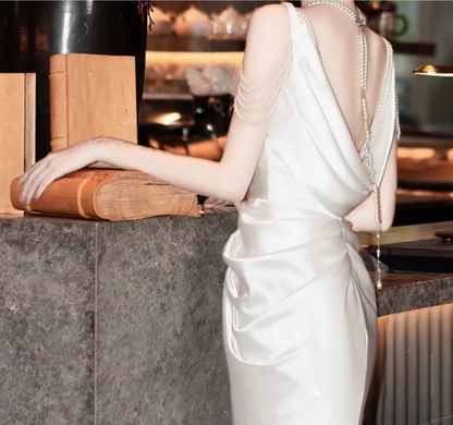 Fancy Beading Gathered High-Slit Ceremonies Dress Chic Open-Back Draped Neckline Prom Dress AP0939