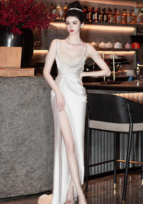 Fancy Beading Gathered High-Slit Ceremonies Dress Chic Open-Back Draped Neckline Prom Dress AP0939