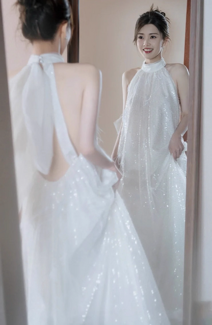 Ethereal Sparkly Sequins Evening Dress Minimalist Backless Double Layers Halter Prom Dress AP0940