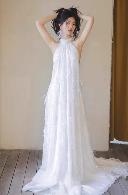 Ethereal Sparkly Sequins Evening Dress Minimalist Backless Double Layers Halter Prom Dress AP0940