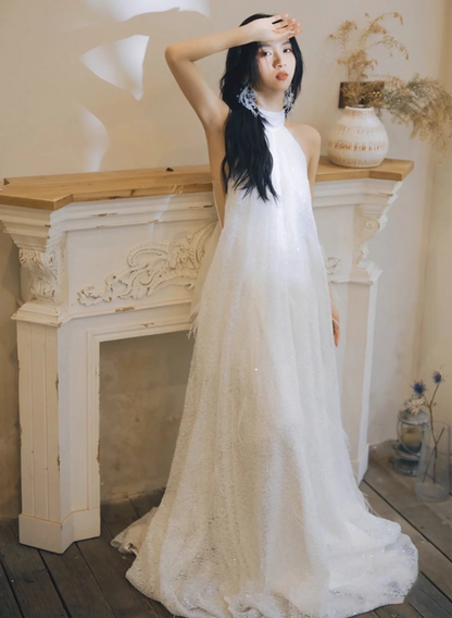 Ethereal Sparkly Sequins Evening Dress Minimalist Backless Double Layers Halter Prom Dress AP0940