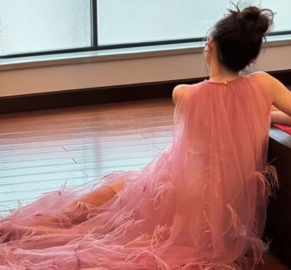 Alluring Tulle Layered Pink Evening Dress Round Neck Stereo Feather Sleeveless Prom Dress AP0941
