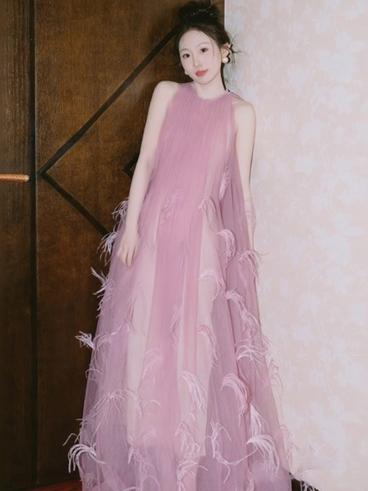 Alluring Tulle Layered Pink Evening Dress Round Neck Stereo Feather Sleeveless Prom Dress AP0941
