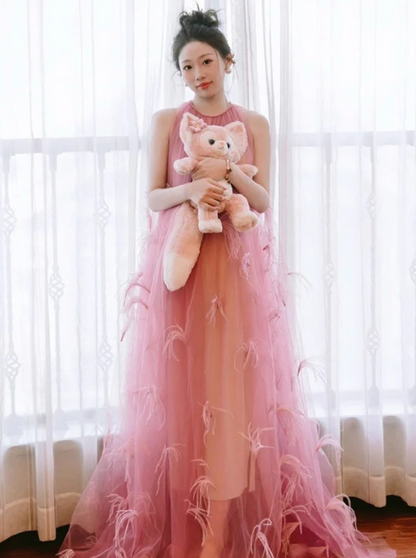 Alluring Tulle Layered Pink Evening Dress Round Neck Stereo Feather Sleeveless Prom Dress AP0941