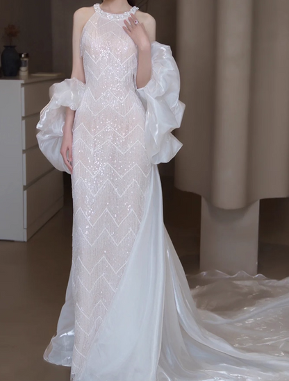 Elegant Puffy Stole Sparkle Tassel Evening Dress High-Slit Beading Neckline Sleeveless Prom Dress AP0942