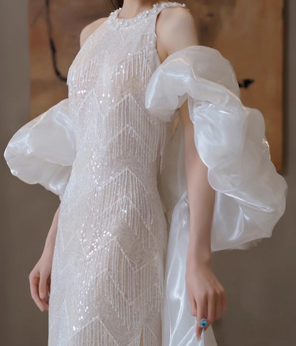 Elegant Puffy Stole Sparkle Tassel Evening Dress High-Slit Beading Neckline Sleeveless Prom Dress AP0942