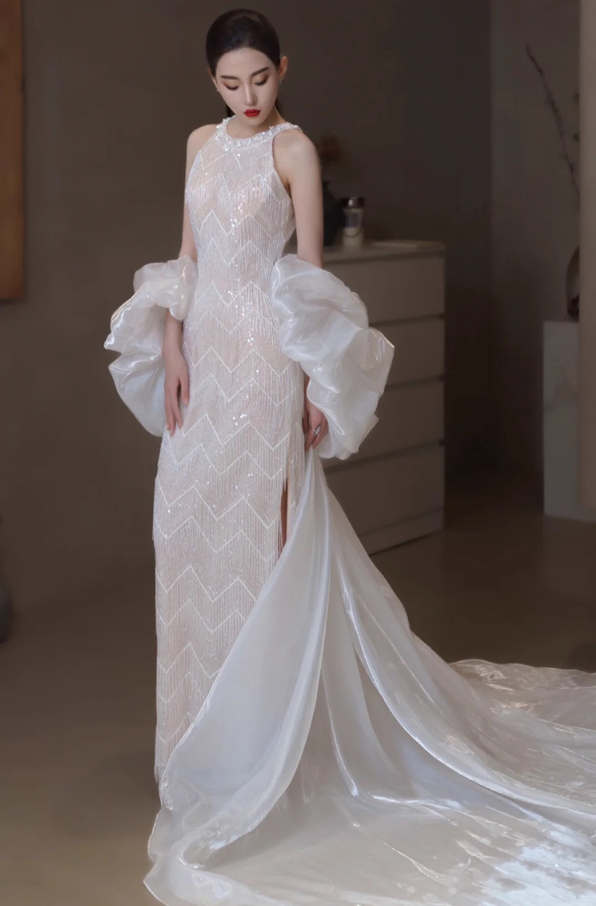 Elegant Puffy Stole Sparkle Tassel Evening Dress High-Slit Beading Neckline Sleeveless Prom Dress AP0942