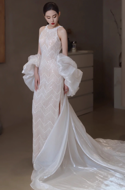 Elegant Puffy Stole Sparkle Tassel Evening Dress High-Slit Beading Neckline Sleeveless Prom Dress AP0942