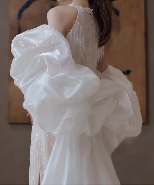 Elegant Puffy Stole Sparkle Tassel Evening Dress High-Slit Beading Neckline Sleeveless Prom Dress AP0942