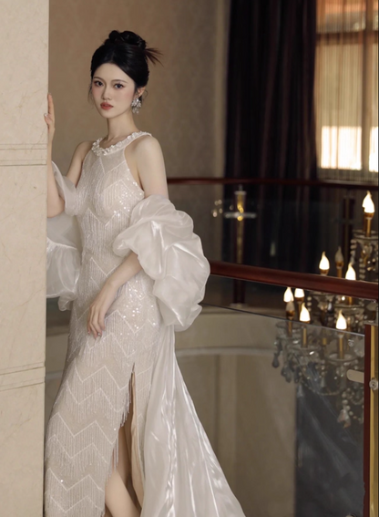Elegant Puffy Stole Sparkle Tassel Evening Dress High-Slit Beading Neckline Sleeveless Prom Dress AP0942