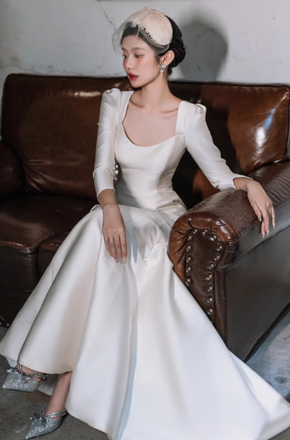 Fabulous Sheen Satin Fabric Square Neck Evening Dress Mermaid Long Sleeve Prom Dress AP0943