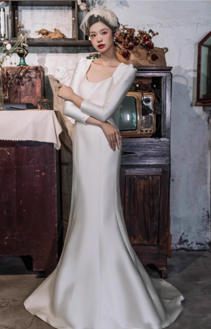 Fabulous Sheen Satin Fabric Square Neck Evening Dress Mermaid Long Sleeve Prom Dress AP0943