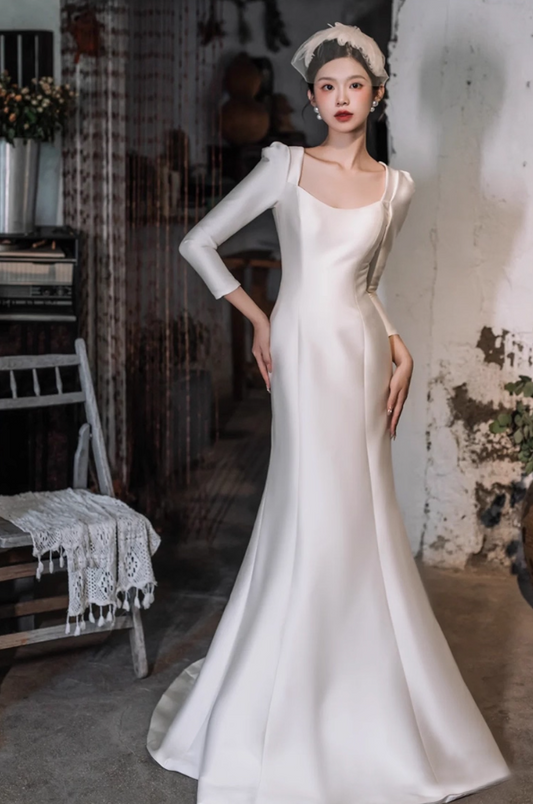 Fabulous Sheen Satin Fabric Square Neck Evening Dress Mermaid Long Sleeve Prom Dress AP0943