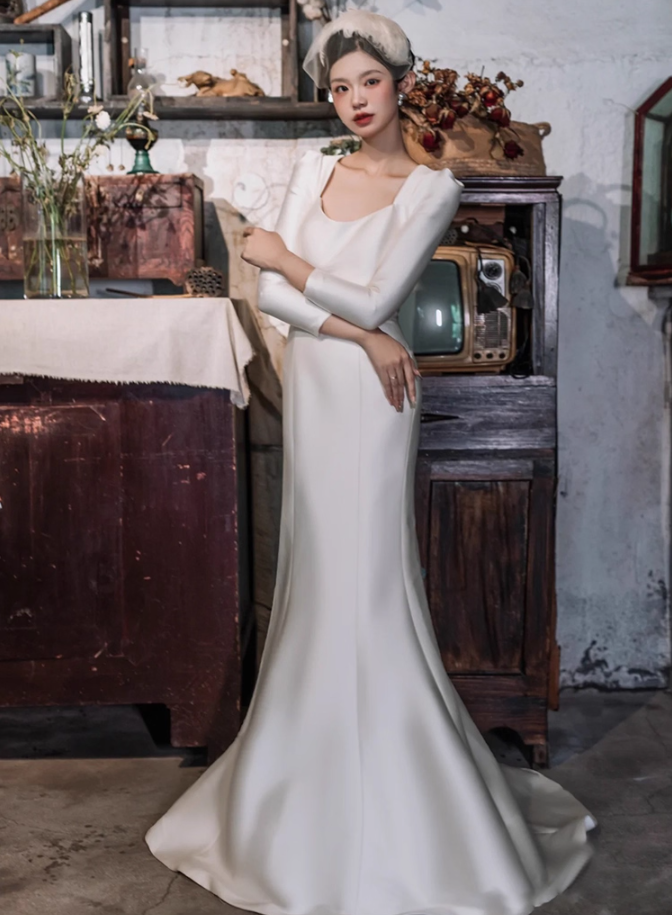 Fabulous Sheen Satin Fabric Square Neck Evening Dress Mermaid Long Sleeve Prom Dress AP0943