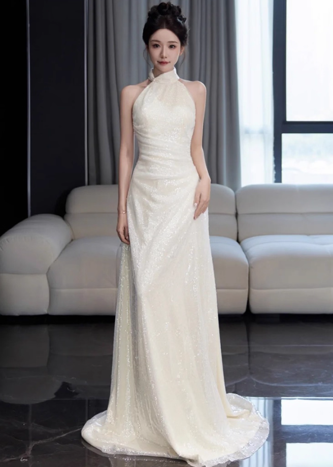 Exquisite Shining Sequins Evening Dress Sleeveless Double Layers Sheath Halter Prom Dress AP0944