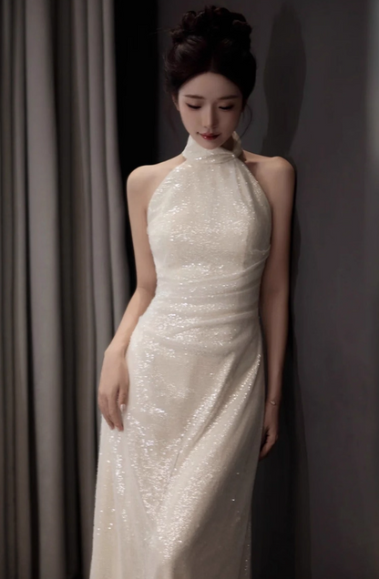 Exquisite Shining Sequins Evening Dress Sleeveless Double Layers Sheath Halter Prom Dress AP0944