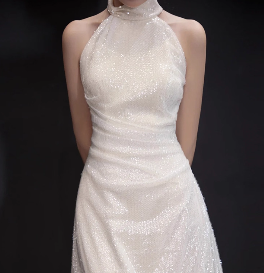 Exquisite Shining Sequins Evening Dress Sleeveless Double Layers Sheath Halter Prom Dress AP0944