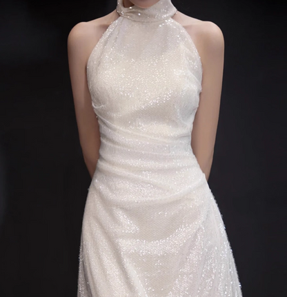 Exquisite Shining Sequins Evening Dress Sleeveless Double Layers Sheath Halter Prom Dress AP0944