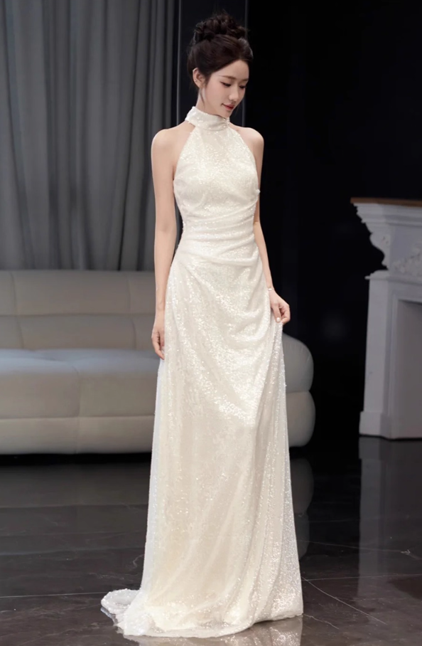 Exquisite Shining Sequins Evening Dress Sleeveless Double Layers Sheath Halter Prom Dress AP0944