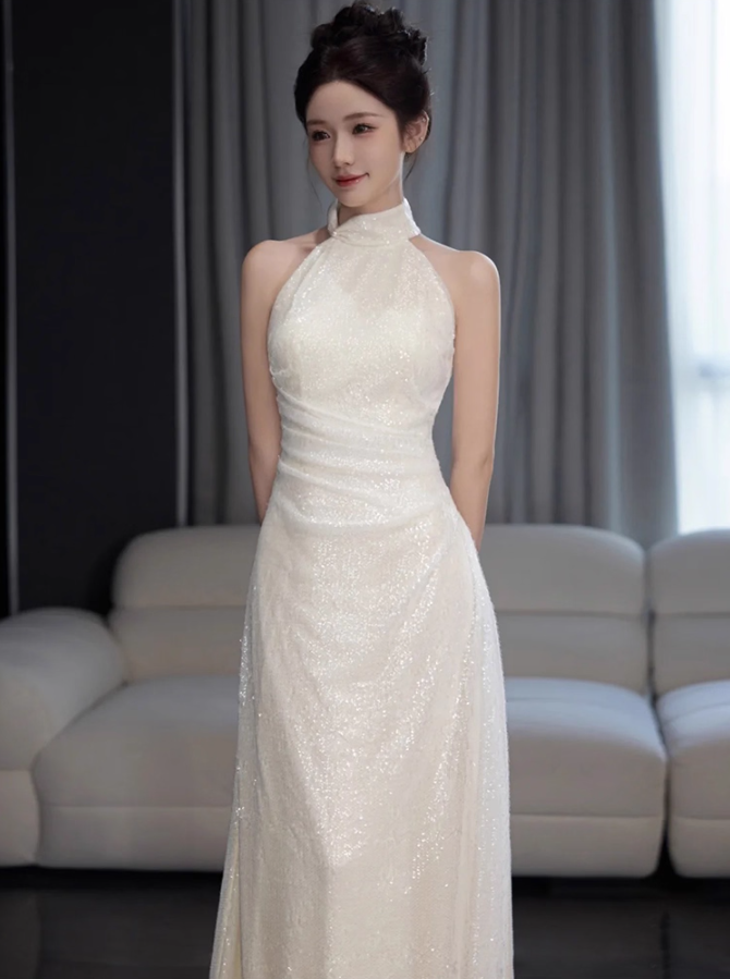 Exquisite Shining Sequins Evening Dress Sleeveless Double Layers Sheath Halter Prom Dress AP0944