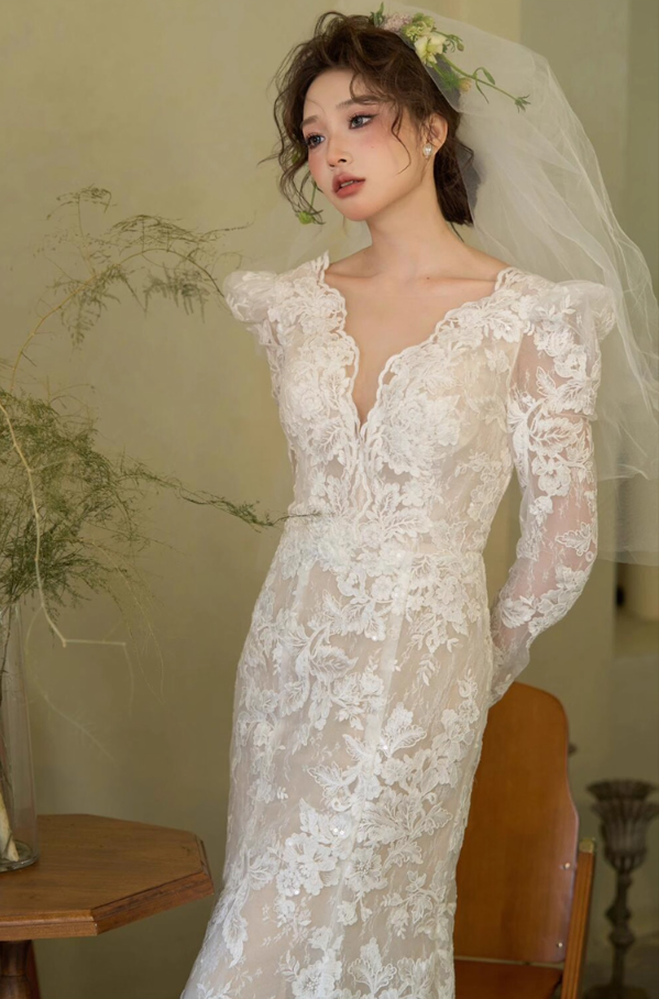 Dreamy V Neck Lace Applique Birthday Outfit Dress Open-Back Long Sleeve Prom Dress AP0945