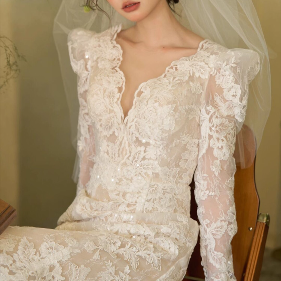 Dreamy V Neck Lace Applique Birthday Outfit Dress Open-Back Long Sleeve Prom Dress AP0945