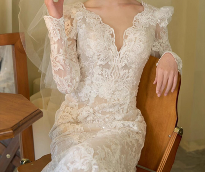 Dreamy V Neck Lace Applique Birthday Outfit Dress Open-Back Long Sleeve Prom Dress AP0945